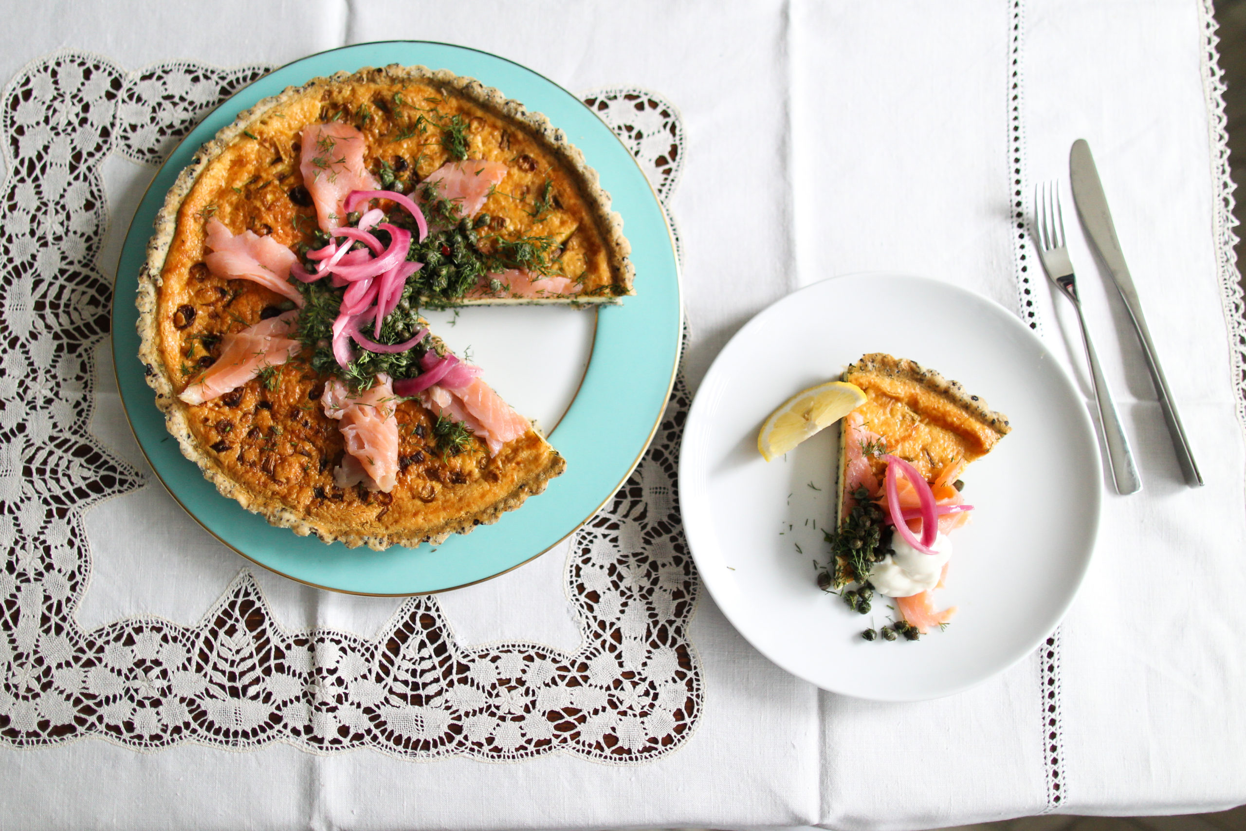 Spring onion quiche with smoked salmon