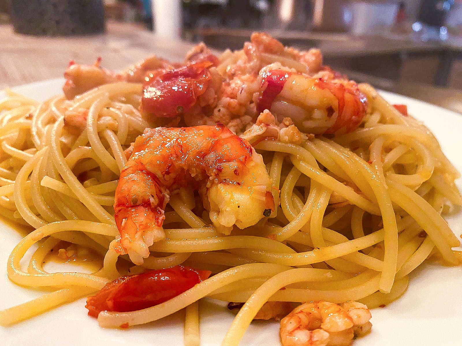 Spaghetti shrimps and chilli leaves