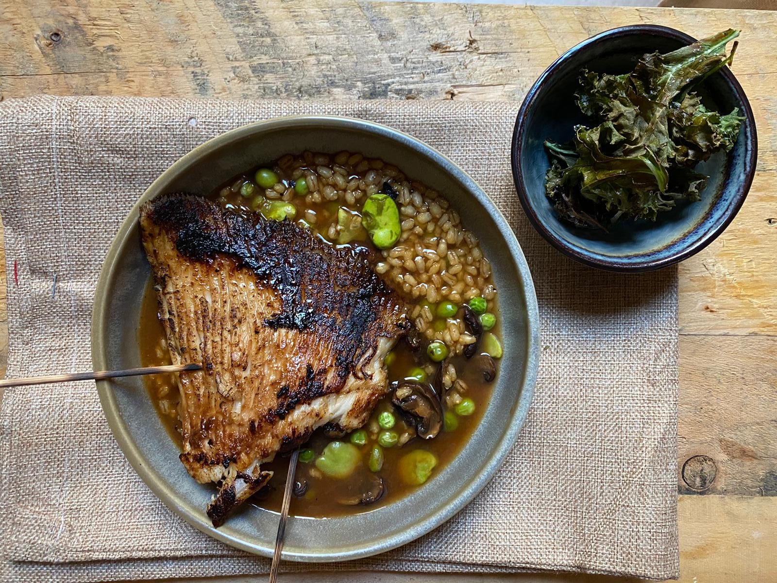 Barbecued skate with miso barley risotto