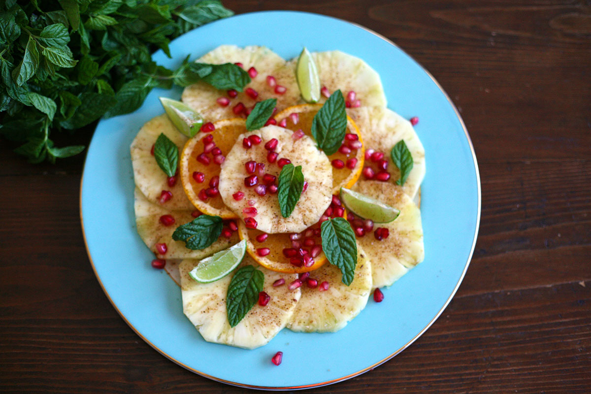 Pineapple and lime carpaccio with pomegranate