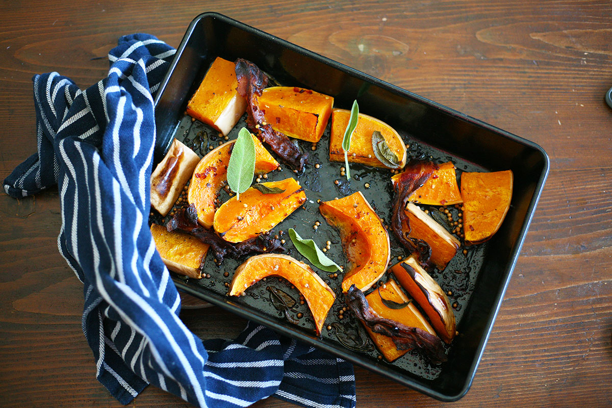 Roasted butternut squash with coriander seeds and bacon