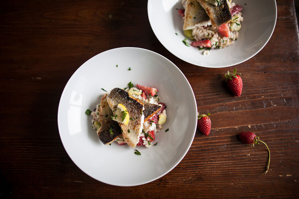 Sea bass, broad bean and strawberry risotto