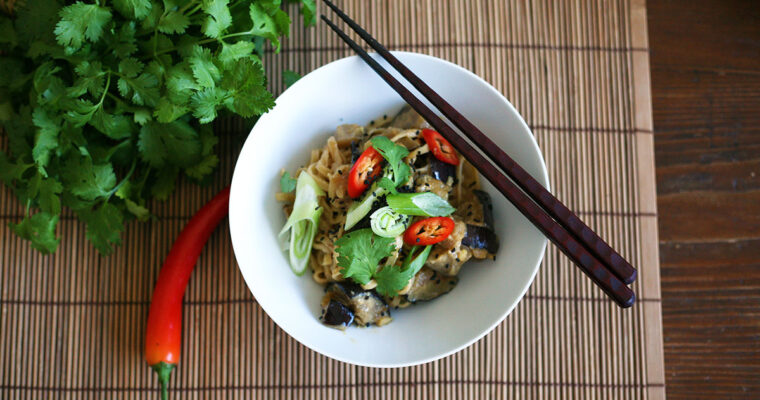 Egg noodles with miso aubergines