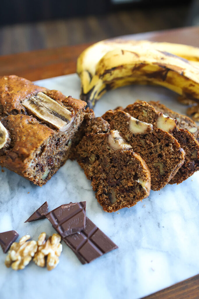 spelt banana bread with chocolate chips and walnuts