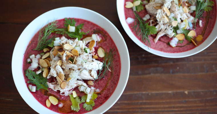 Beetroot gazpacho with poached chicken