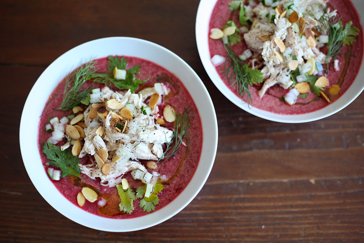 Beetroot gazpacho with poached chicken