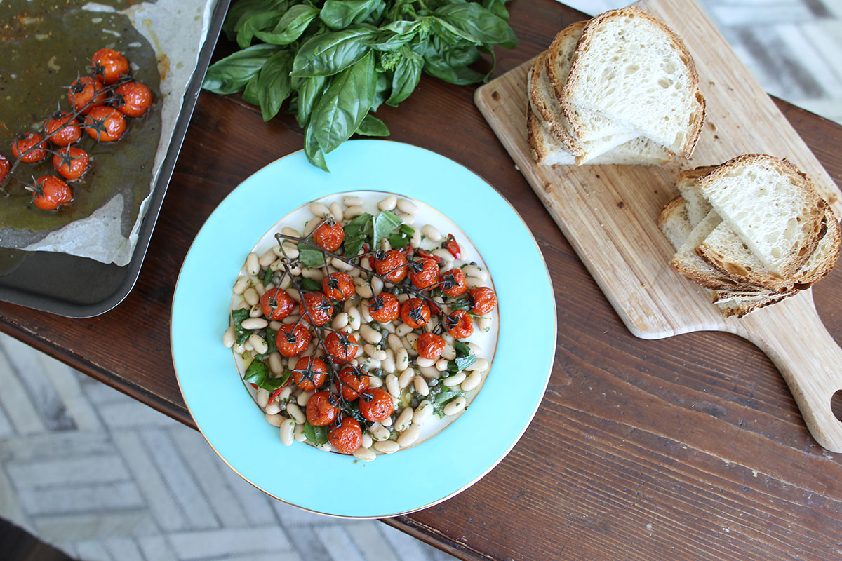Cannellini beans with capers, mint and roasted cherry tomatoes